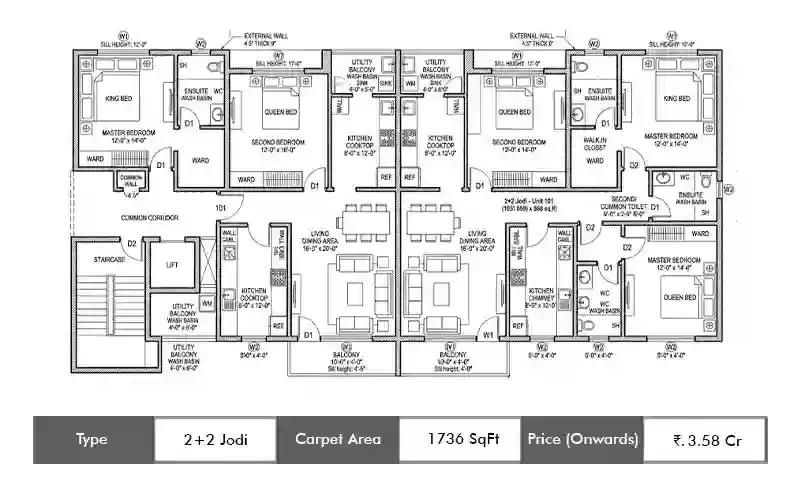 Neelkanth Palms 2+2 Jodi floor plan, 1736 sq ft carpet area