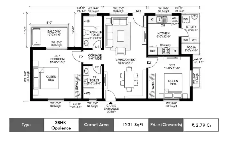 Neelkanth Palms 3BHK Opulence floor plan, 1231 sq ft carpet area