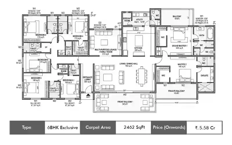 Neelkanth Palms 6 BHK Exclusive floor plan, 2462 sq ft carpet area